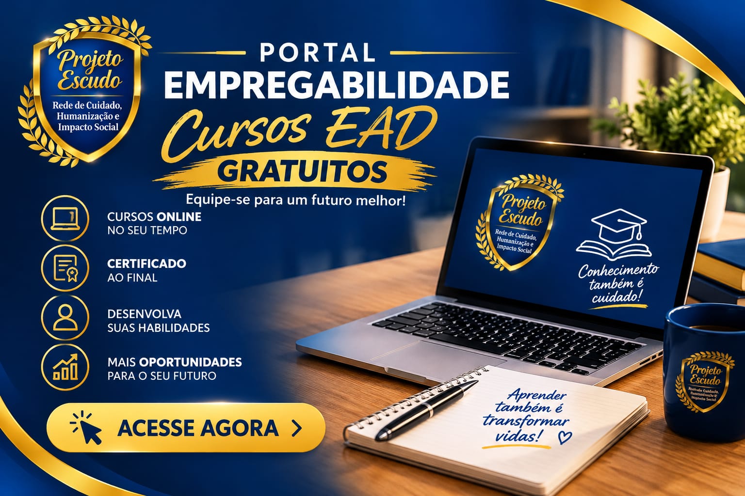 Portal de empregabilidade do Projeto Escudo: cursos EAD gratuitos para assistidos do abrigo.